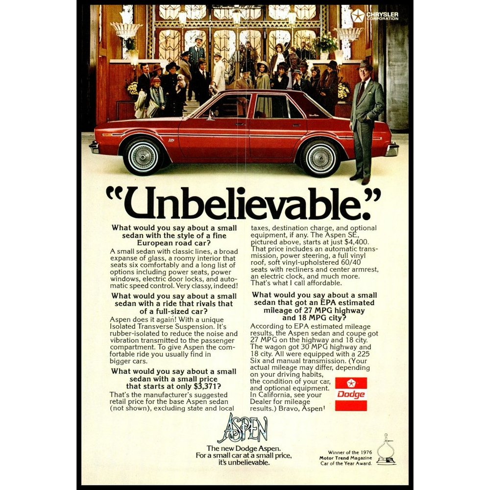 1976 Dodge Aspen European Style Red Sedan Vintage Print Ad Theater Wall Art